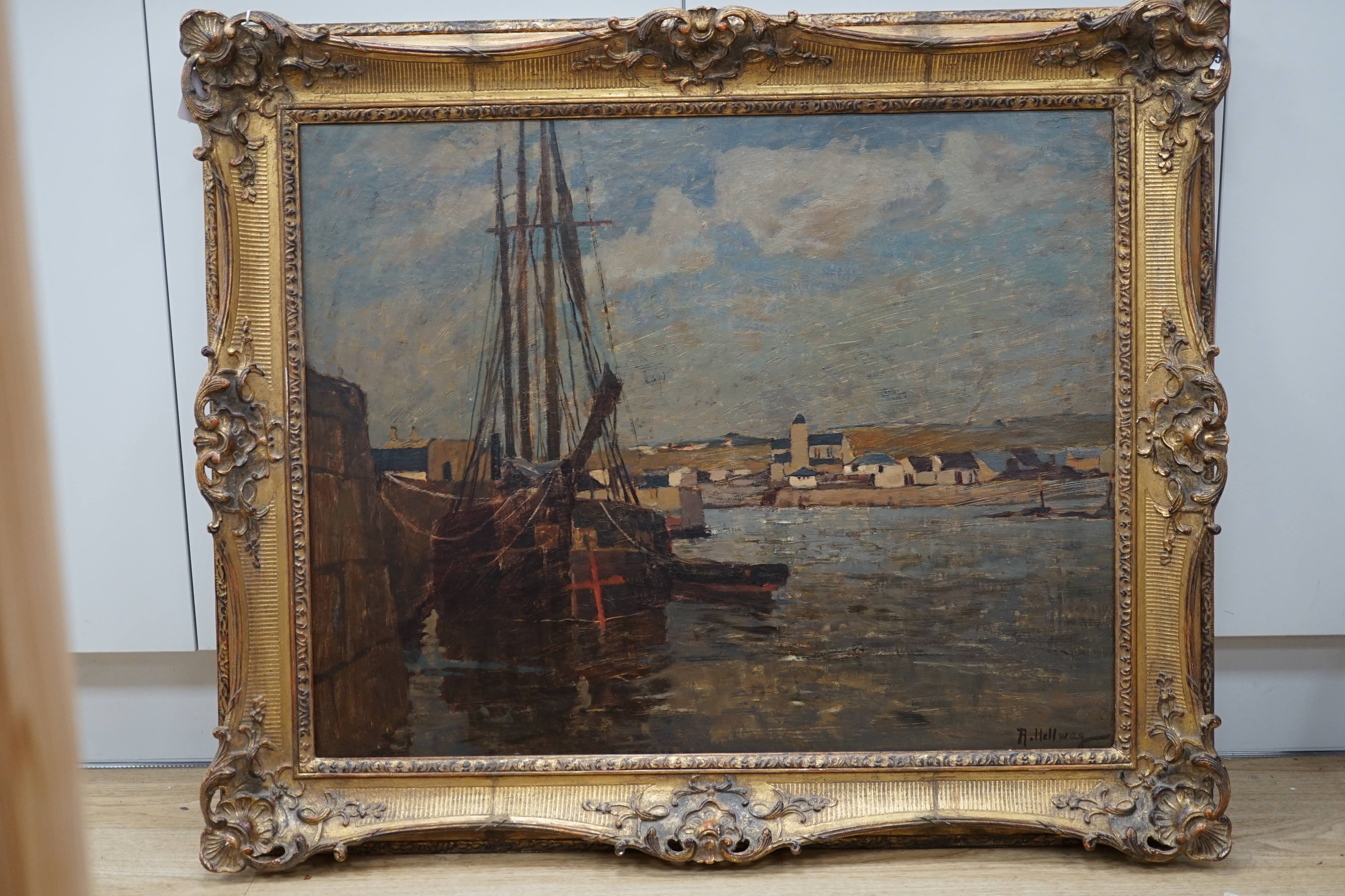 Professor Rudolf Hellwag (1867-1942), oil on canvas, 'Haven in Cornwall', signed, inscribed in ink verso, 58 x 74cm. Condition - fair, some minor losses to the frame